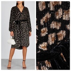 Retrofete Audrey Sequin Wrap Dress Black Leopard Size XS